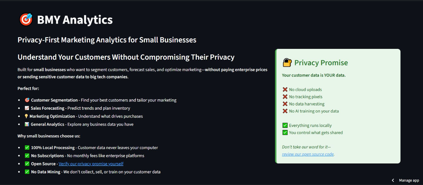 BMY Analytics customer segmentation tool — privacy-first marketing analytics for small businesses